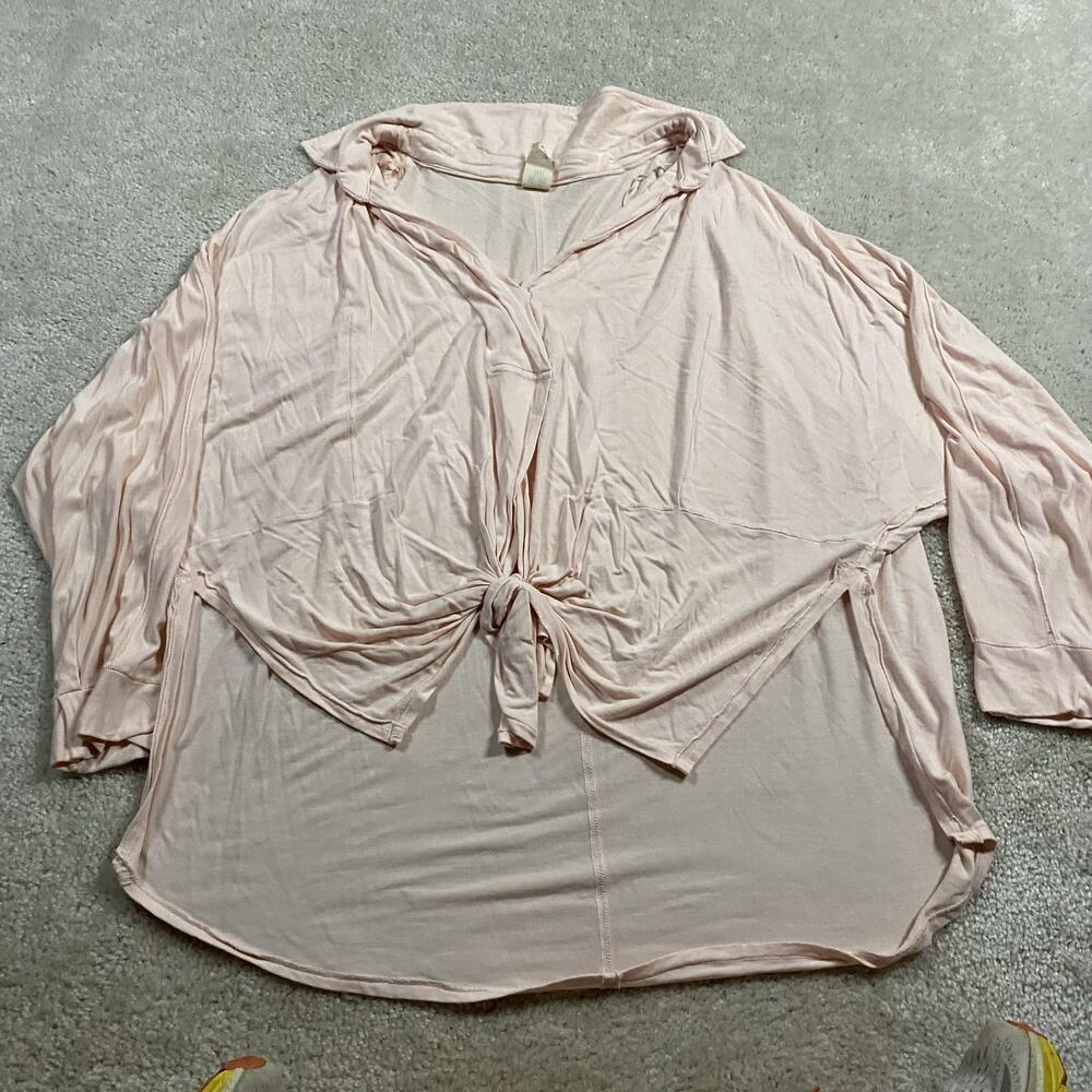We The Free Blouse Womens M Pink Collared Tie Front High Low Oversized Tunic Top